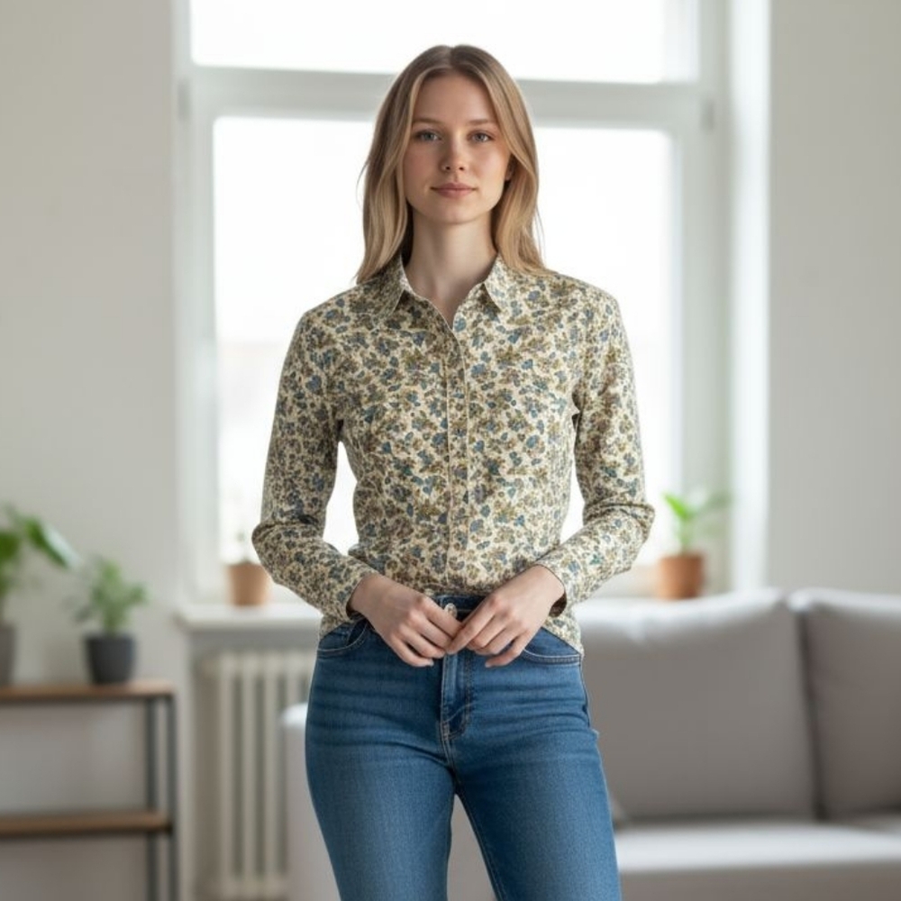 Liz Claiborne Blue and Green Floral Button-Down Shirt SIZE 6
